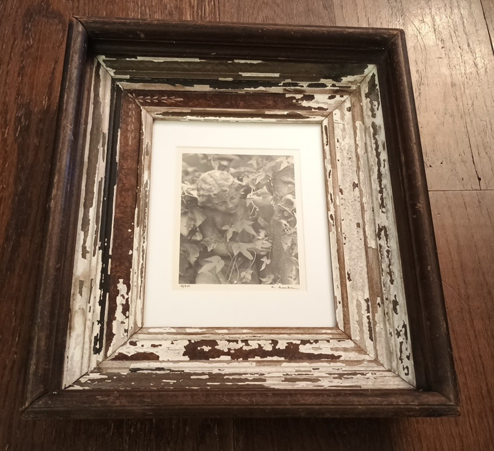 Signed Ivy Angel Statue Print OOAK Tiered farmhouse wooden distress frame 17x15"